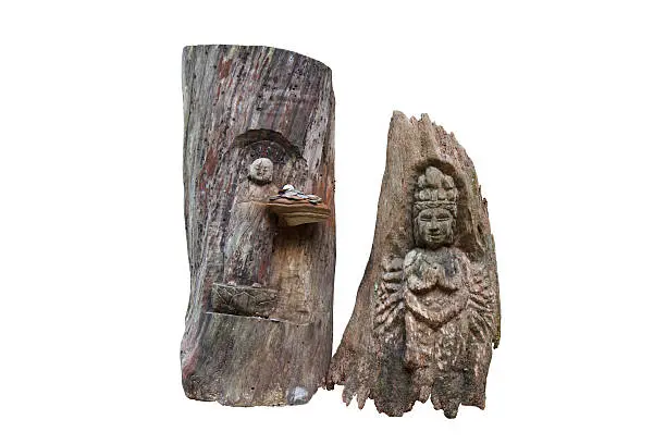 Carving Kun yin and Jizo. Carved from wood.