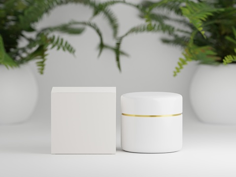 Realistic glossy cream jar mockup with packaging box and editable jar label on a white background with fern plants as 3d rendering.