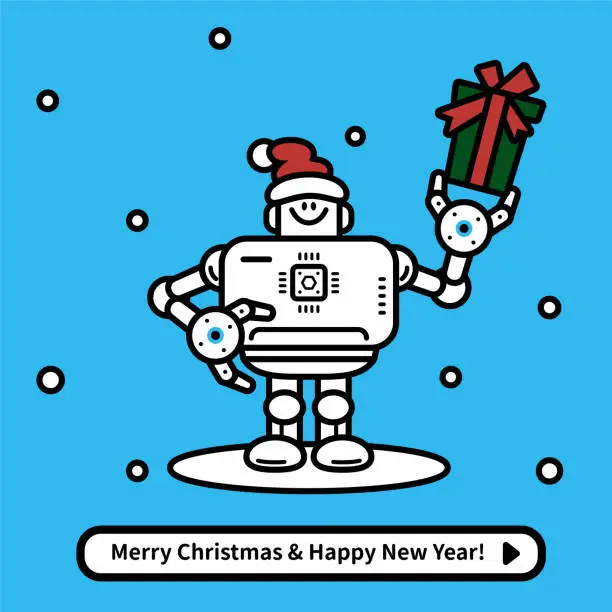 Vector illustration of An artificial intelligence robot holding a Christmas present wishes you a Merry Christmas and a Happy New Year