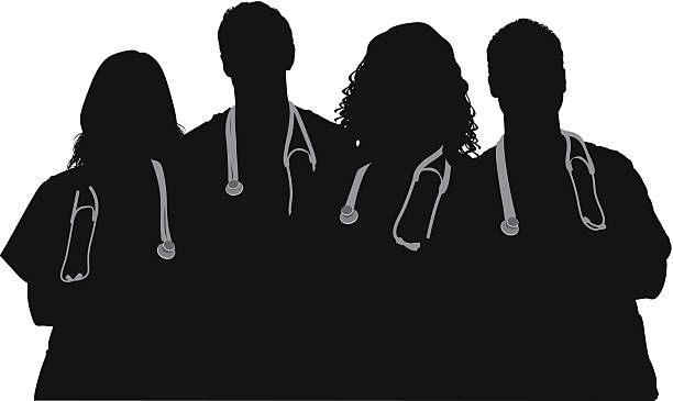 ilustraciones, imágenes clip art, dibujos animados e iconos de stock de equipo médico de pie con los brazos cruzados - four people illustrations