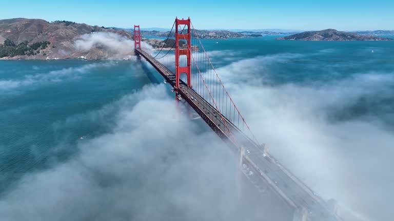 Golden Gate Bridge Fog At San Francisco In California United States. Downtown City Skyline. Transportation Scenery. Golden Gate Bridge Fog At San Francisco In California United States.