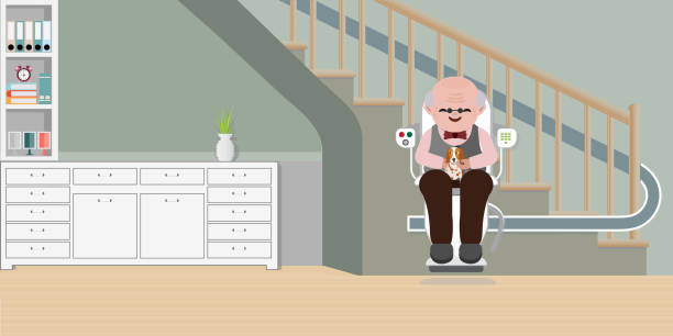 illustrazioni stock, clip art, cartoni animati e icone di tendenza di uomo anziano che usa la seggiovia per le scale. - disablement