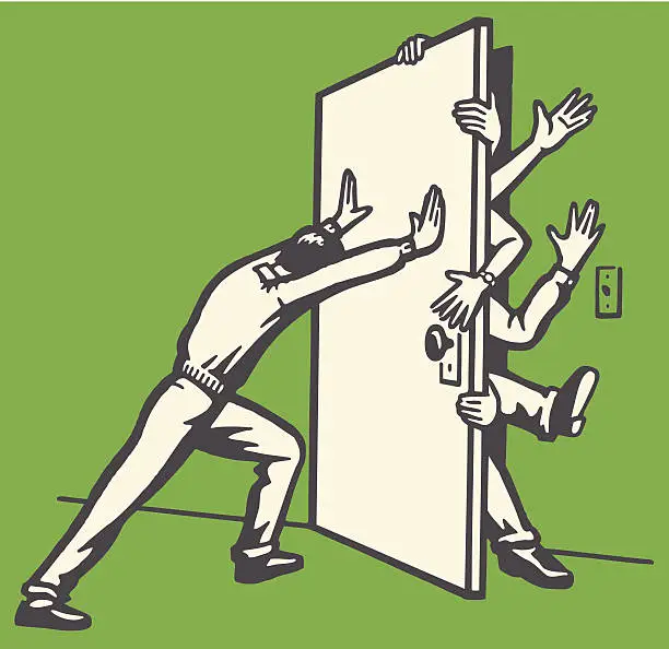 Vector illustration of Man Pushing Door Shut with People Struggling to Get Out