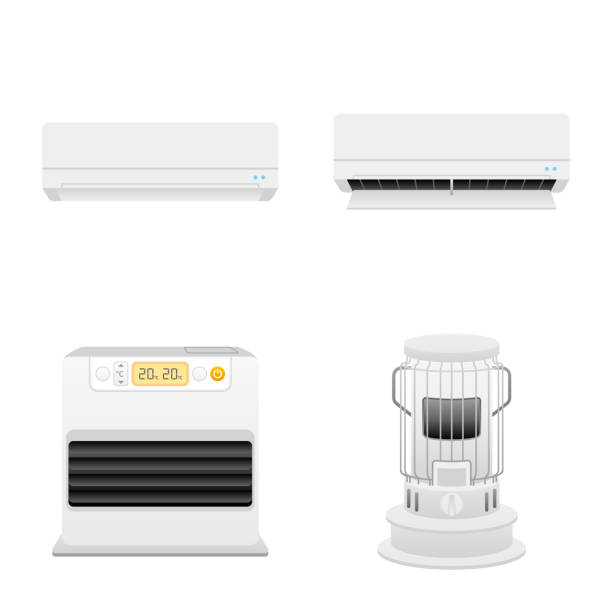 einfache illustration _ verschiedene haushaltsgeräte set_ heizungsanlagen - wärmepumpe stock-grafiken, -clipart, -cartoons und -symbole