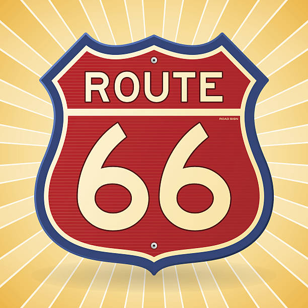 Vintage Route 66 Symbol Transportation Road Sign in red and blue colors. EPS version 10 with transparency included in download. number 66 stock illustrations