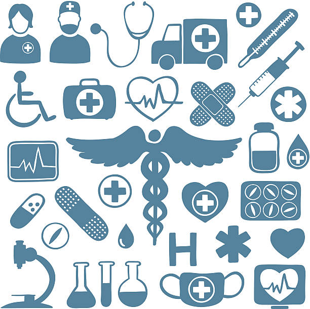 Blue icons on white with healthcare symbols Blue medical icons on white with healthcare symbols: tubes, medicines, syringes, ambulance, doctors, microscope, ECG, stethoscope, disabled persons cartoon of caduceus medical symbol stock illustrations