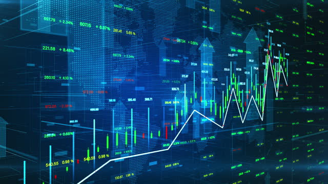 Global financial investment, Stock market up arrow, and candlestick on blue background. Financial data Information for Trading and business investment