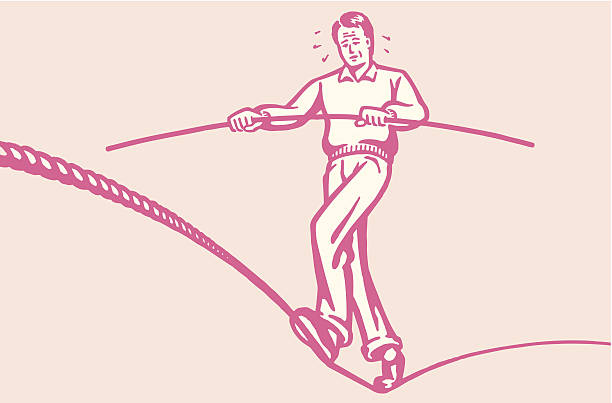 illustrazioni stock, clip art, cartoni animati e icone di tendenza di uomo difficoltà a camminare corda da acrobata - tightrope balance walking rope
