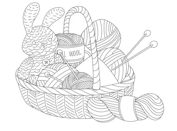 Vector illustration of Basket with yarn, knitting needles and a knitted toy rabbit. Concept Vector illustration for home craft stores and postcard design. World Knitting Day in Public Places.