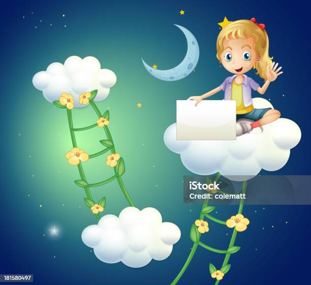 Girl Sitting Above Cloud Holding An Empty Signage Stock Illustration - Download Image Now - Adult, Advertisement, Billboard