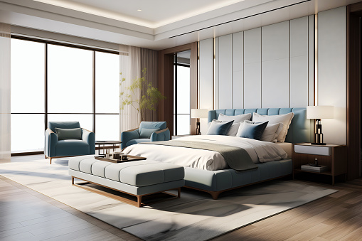 Digitally generated domestic bedroom interior. 3d render of brightly lit bedroom with bed, brown color headboard, side table and small armchair in the corner.