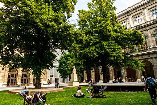Vienna, Austria - June 16, 2023: Courtyard of the Vienna State University building.