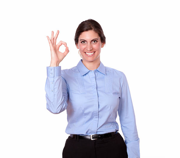 istock Adult lady standing with positive sign 181581192