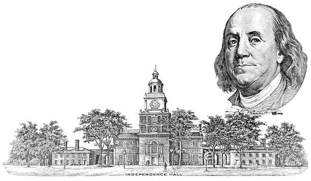 Gravure of Benjamin Franklin and Independence Hall Gravure of Benjamin Franklin and Independence Hall in the  Hundred  dollar banknote independence hall stock illustrations
