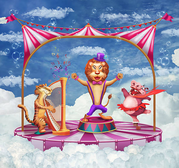 иллюстрация с цирковой шатёр и различных видов животных - music movie theater art painted image stock illustrations