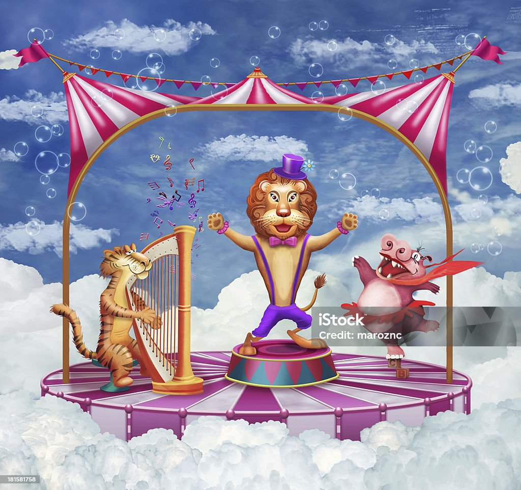 Illustration of a circus with tent and various animals Сircus with tent, a tiger playing on a harp , singing a lion ,dancing hippo Craft stock illustration