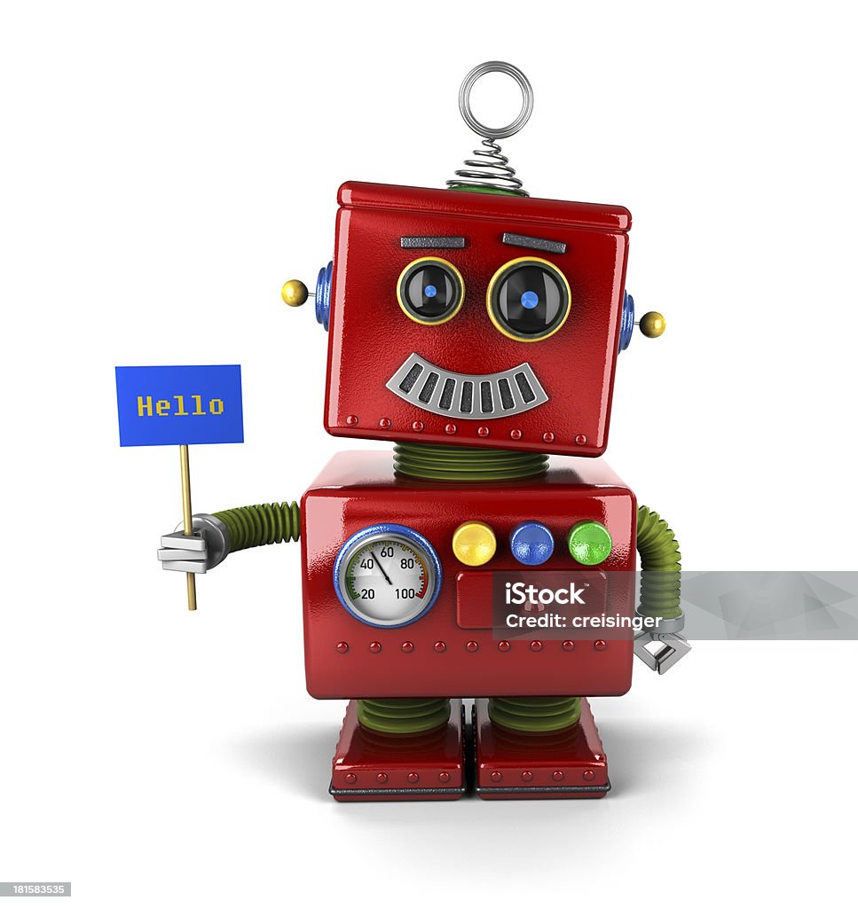 Little Robot Little happy vintage toy robot holding a hello sign over white background Cheerful Stock Photo