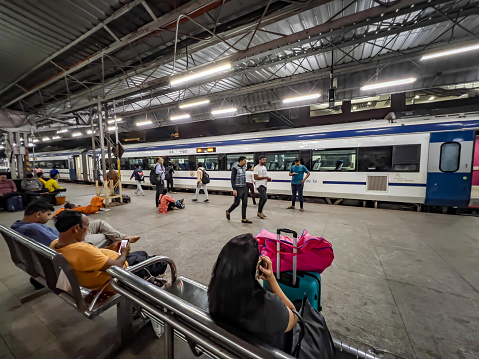 Pune, India - November 26 2023: The Mumbai to Solapur Vande Bharat Express at Pune Railway Station, Pune India.
