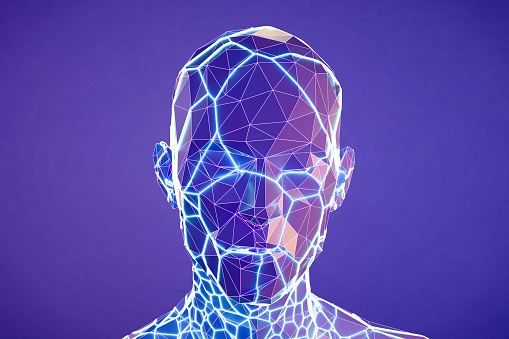 Cyborg with neon plexus, deep learning and artificial intelligence background. 3d render.