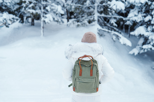 Traveler with Sweater and backpack walking on snow covered forest in frosty weather. Winter Travel, Adventure, Exploring and Vacation concept