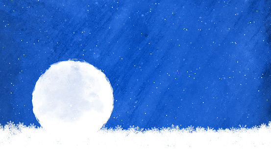 Xmas background in dark blue color with white snowflakes at the bottom. A frill border of white snowflakes at the bottom and glittering shining backdrop of shimmer. There is one circle or snowball shape foggy smoky copy space for label. Can be used as Xmas , New Year background, wallpaper, gift wrapping sheet. There is No People and copy space.