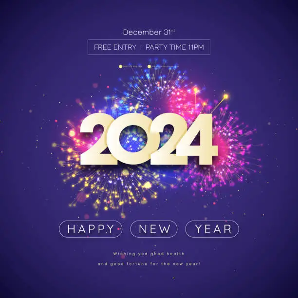 Vector illustration of The Year 2024 Logo And Fireworks With Text Space On A Dark Background.