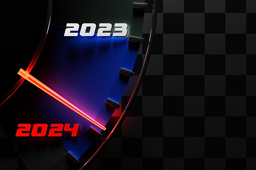 3D illustration close up black speedometer with cutoffs 2023,2024. The concept of the new year and Christmas in the automotive field. Counting months, time until the new year