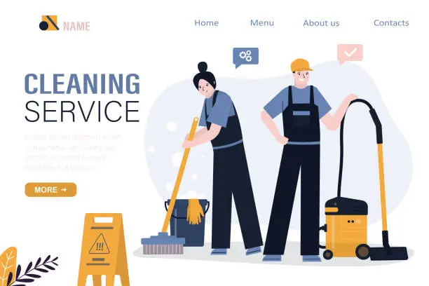 Vector illustration of Cheerful cleaning team with mop and vacuum cleaner. Group of janitors, cartoon characters. Staff dressed in uniform. Cleaning service, landing page template.