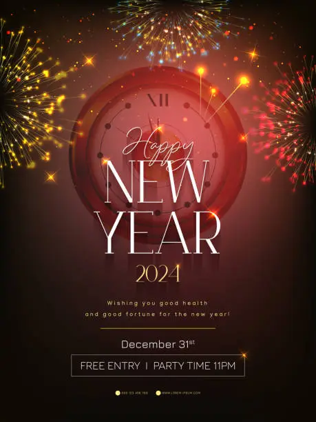 Vector illustration of 2024 Happy New Year celebrate flyers set with golden glittering sparks.