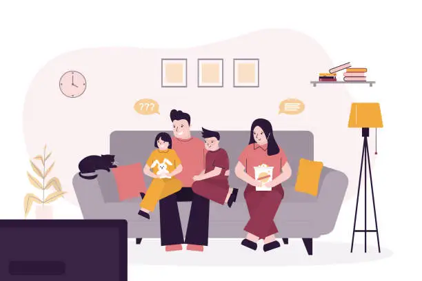 Vector illustration of Family watching news or movie. Father, mother and children sitting on sofa couch and watch tv show screen. Living room interior. Relax, family time