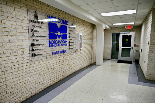 Morgantown, West Virginia, USA - November 24, 2023: Welcome Sign at the entrance to the Morgantown Municipal Airport Terminal at Hart Field.