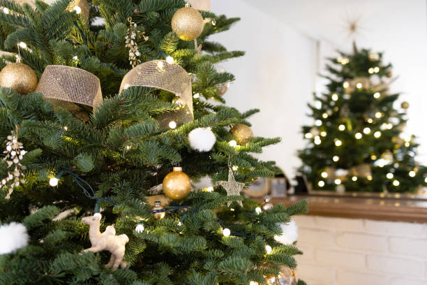 istock Gold Christmas Tree Decorations on Noble Fir Close Up Macro 1815967001