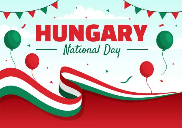 Vector illustration of Happy Hungary National Day Vector Illustration on 15th of March with Hungary Flag in Flat Holiday Celebration Cartoon Background Design