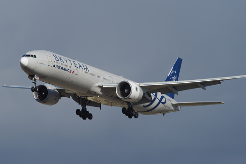 Los Angeles International Airport, California, United States: Air France Skyteam Boeing 747 with registration F-GZNE shown on final approach to LAX.
