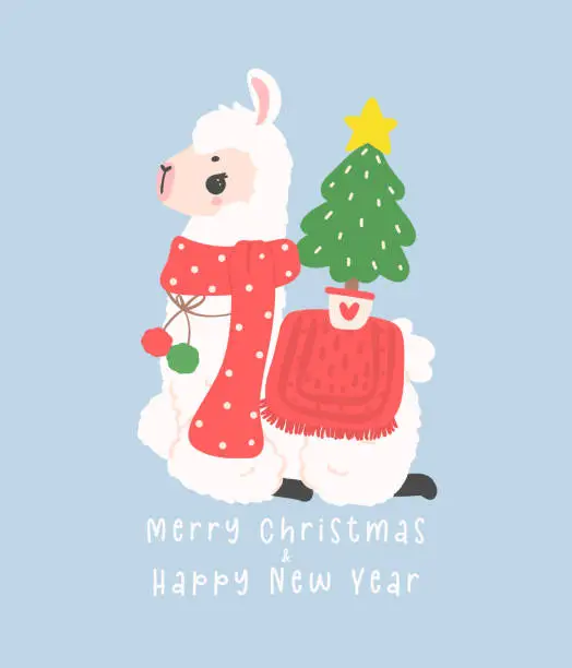 Vector illustration of Cute Christmas llama greeting card in winter theme, kawaii Happy New Year cartoon Animal hand drawing illustration