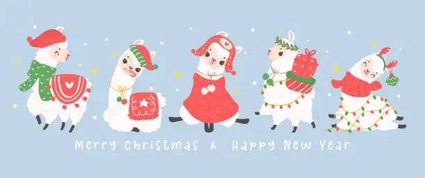 Vector illustration of Cute Christmas llamas greeting card banner in winter theme, kawaii Happy New Year cartoon Animal hand drawing illustration