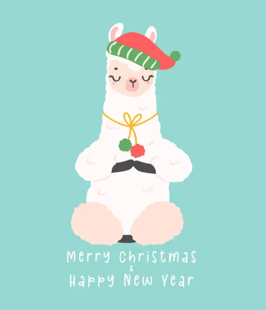 Vector illustration of Cute Christmas llama doing meditation greeting card in winter theme, kawaii Happy New Year cartoon Animal hand drawing illustration