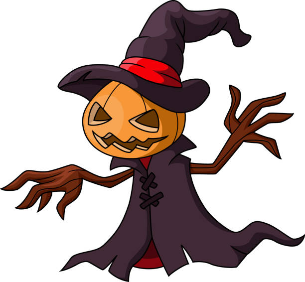 illustrazioni stock, clip art, cartoni animati e icone di tendenza di simpatico cartone animato spaventapasseri zucca di halloween - witch smiling evil bizarre