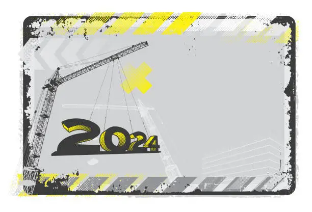 Vector illustration of Crane Construction Industry 2024 New Year Card with Copy Space