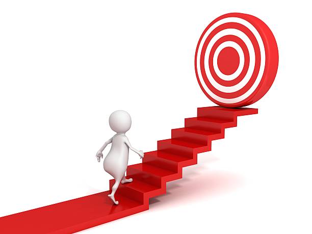 istock 3d man walking up to target on success ladder 181598750