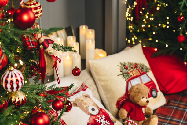 istock Teddy bear on bed with pillows for Christmas decoration 1815990916