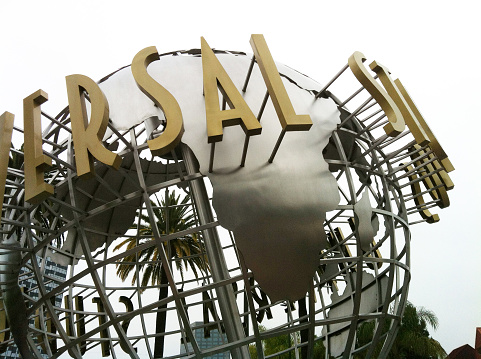 Universal Studio logo Globe theme park sphere close up, Hollywood, California, USA, May 27, 2015