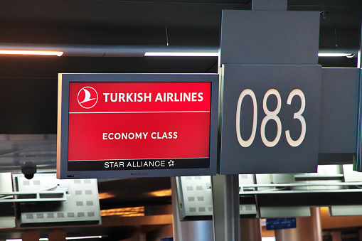 Moscow, Russia -20 Mar 2021: Info plate of Turkish airlines in Vnukovo airport in Moscow, Russia