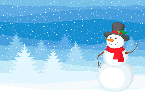 Snowman on winter landscape background. Vector illustration with space for text.