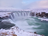 View of the Goðafoss waterfall in winter day at Iceland.