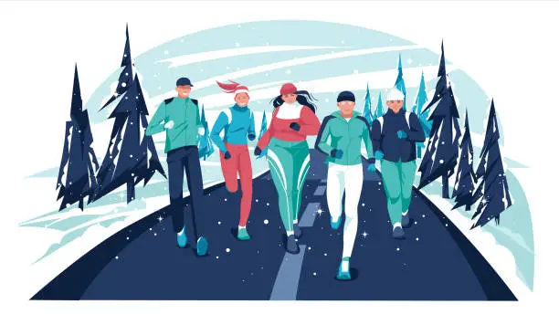 Vector illustration of Marathon race group - flat cartoon modern vector illustration of running men and women in snow on winter country road. Running in the cold season. Creative landing page design template, web banner