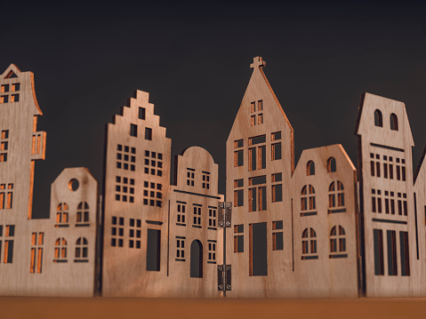 Christmas decoration house silhouette in wood cityscape with church\nPhoto taken in studio