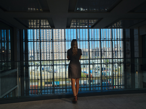 Rear view of a female entrepreneur standing on a balcony in a hallway of an office building and looking through window. Photographed in medium format.