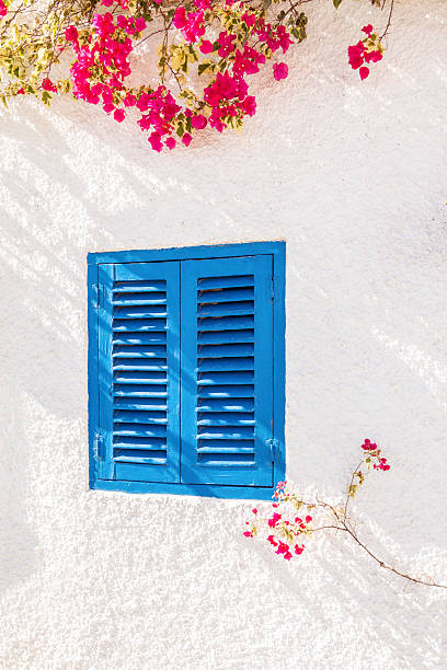 istock Blue Shuttered Window with Bougainvillea 181605720
