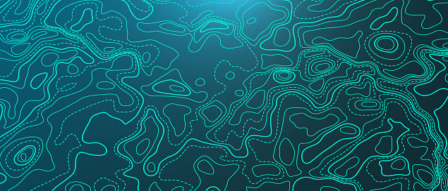 Ocean topographic line map with curvy wave isolines vector illustration. Sea depth topographic landscape surface for nautical radar readings. Cartography texture abstract banner of relief ocean floor.